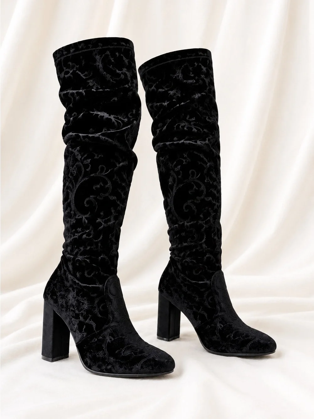 Black embroidered over the knee boots chunky block heel velvet